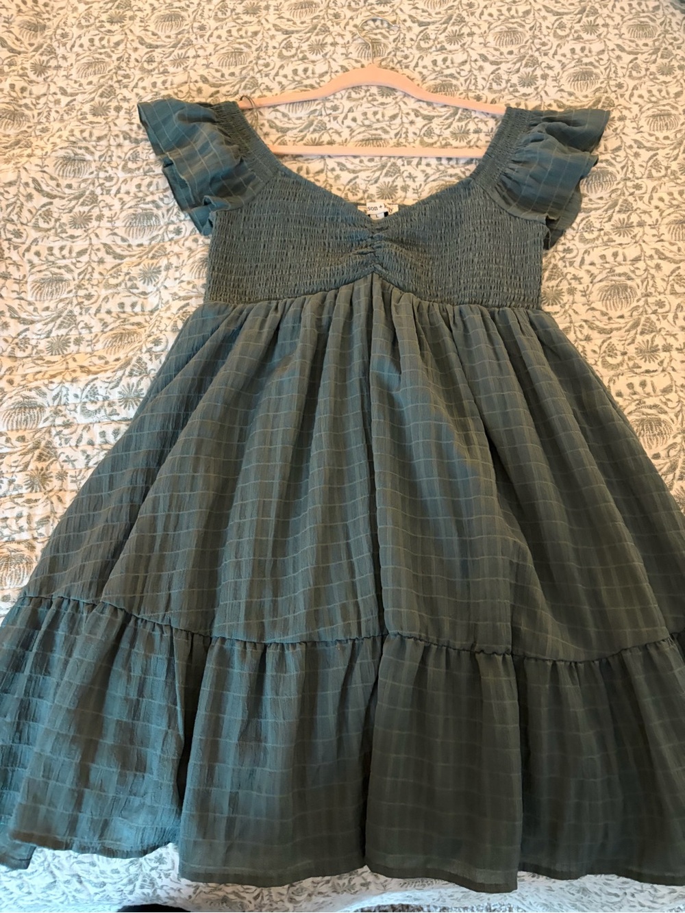 Smocked Mini Dress in Teal Green — Flutter Sleeve Tiered Skirt